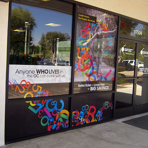 Custom window graphics for storefronts — full-color vinyl, perforated one-way film, or frosted privacy designs